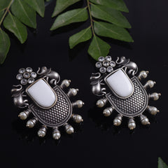 Trendy Stone Studded Brass Oxidized Silver Earring - Sarichka Fashion