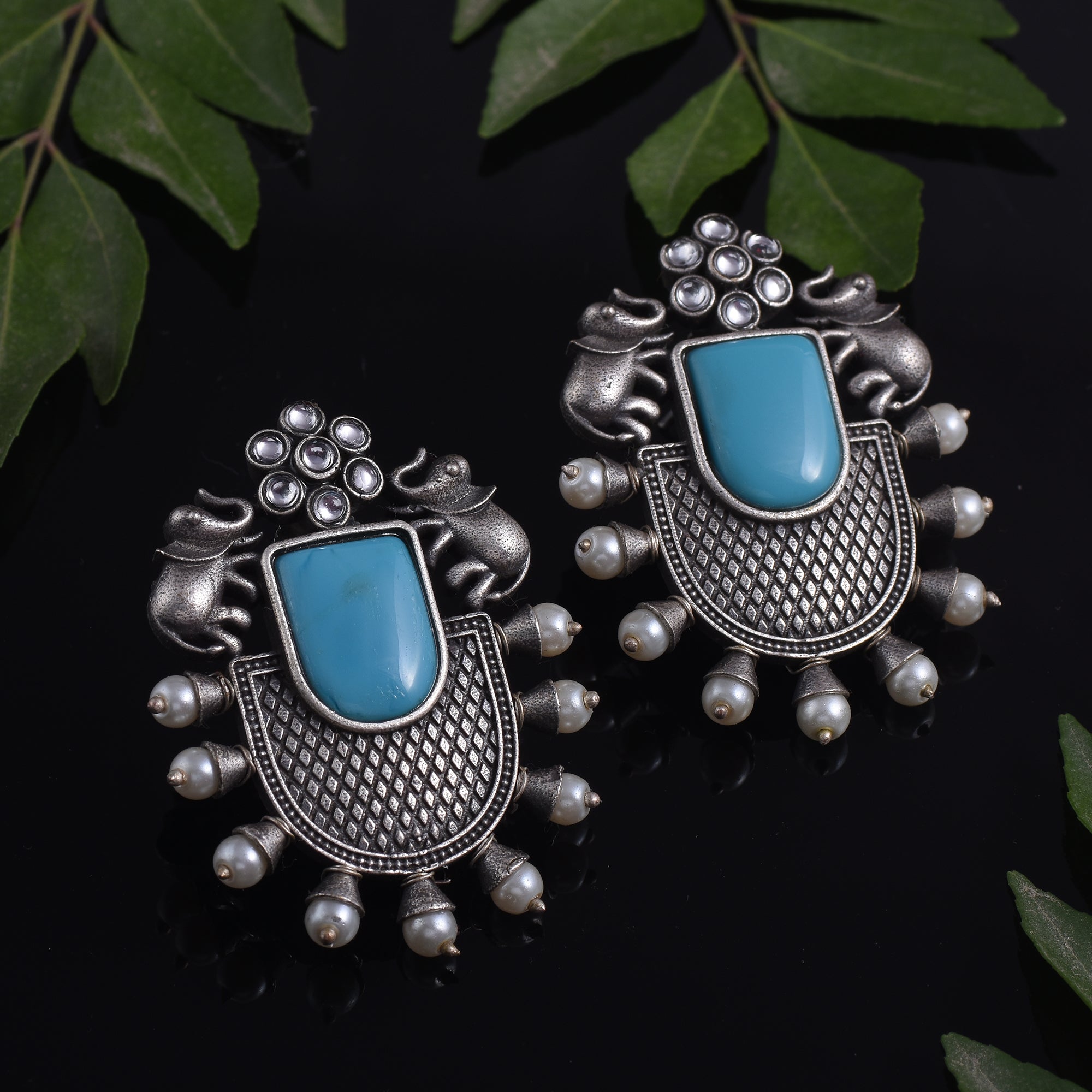 Trendy Stone Studded Brass Oxidized Silver Earring - Sarichka Fashion