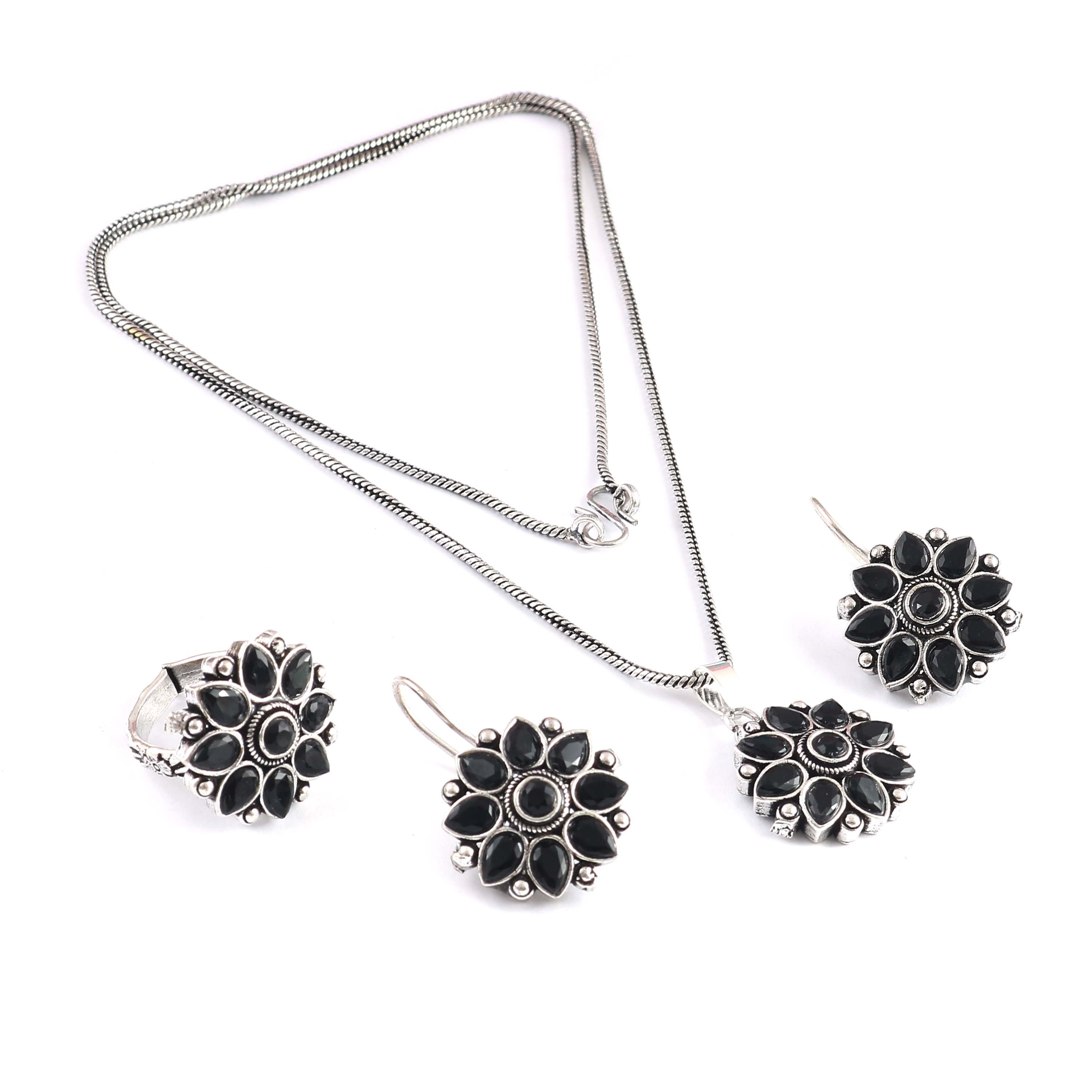 Oxidized Silver Plated Necklace, Earring And Ring Combo Set - Sarichka Fashion