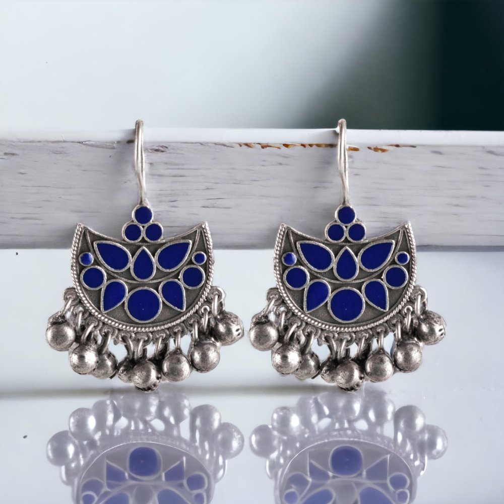 Oxidized Silver Plated Enamel Earring With Ghunghroo Work - Sarichka Fashion