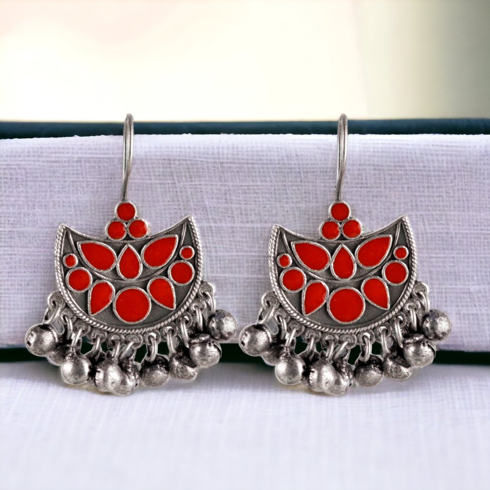 Oxidized Silver Plated Enamel Earring With Ghunghroo Work - Sarichka Fashion