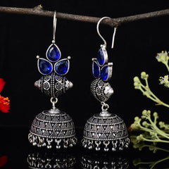 Brass Oxidized Silver Replica Monalisa Stone Jhumki