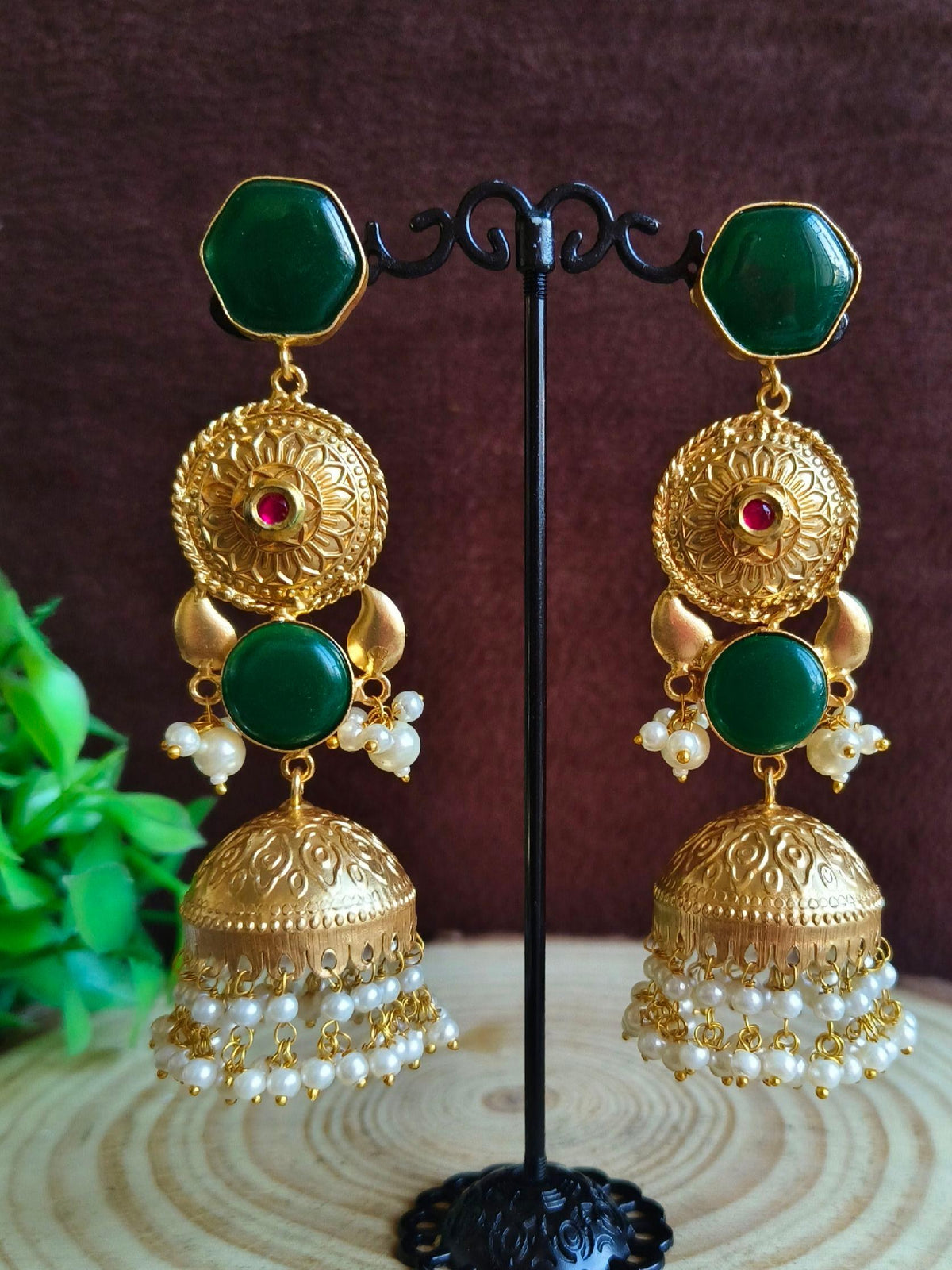 18K Gold Plated Long Jhumka with Monalisa Stone and Pearl | Sarichka