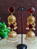 18K Gold Plated Long Jhumka with Monalisa Stone and Pearl | Sarichka