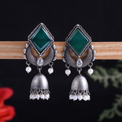 Pearl & Stone Work Oxidized Jhumka Earrings - Sarichka Fashion