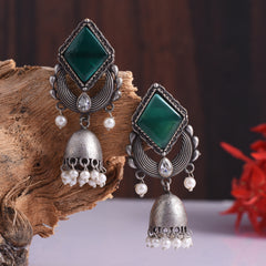 Pearl & Stone Work Oxidized Jhumka Earrings - Sarichka Fashion