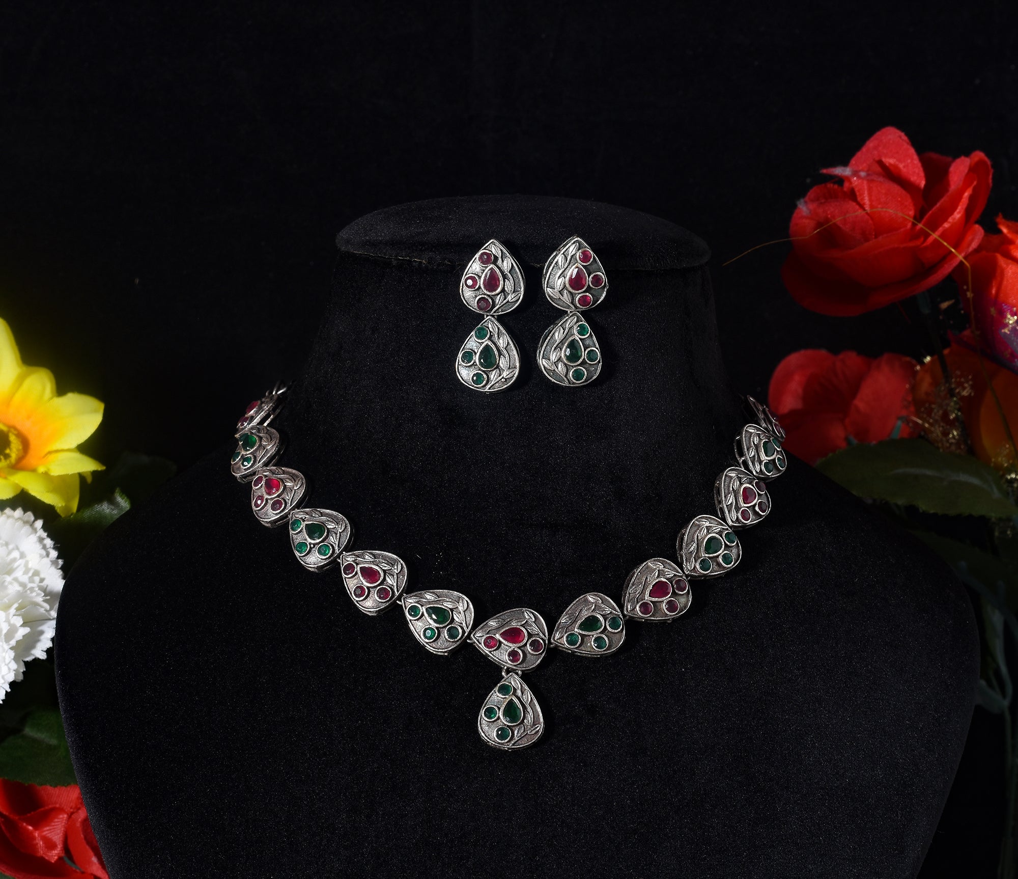 cotton sarees oxidised necklace set