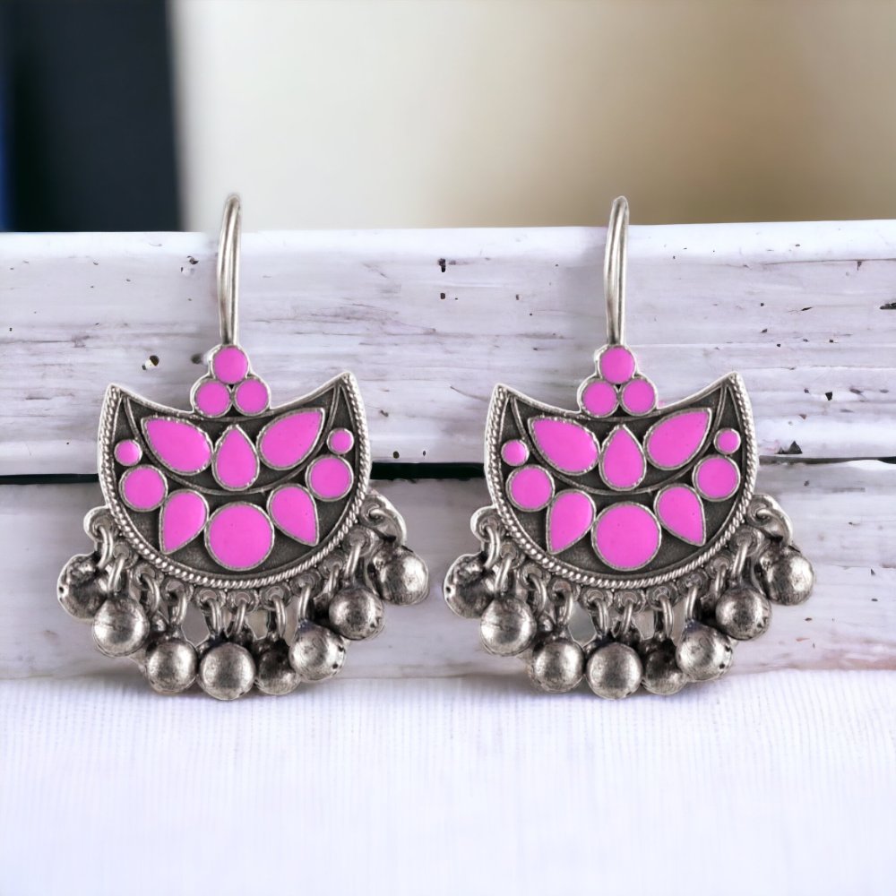 Oxidized Silver Plated Enamel Earring With Ghunghroo Work - Sarichka Fashion