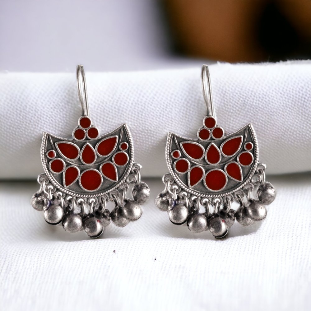 Oxidized Silver Plated Enamel Earring With Ghunghroo Work - Sarichka Fashion