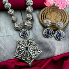 Oxidized Brass 925 Silver Plated Necklace Set With Earrings