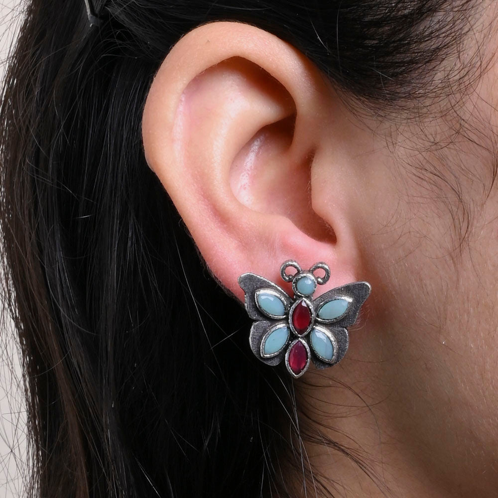 Oxidized Silver Plated Butterfly Stud Earring - Sarichka Fashion