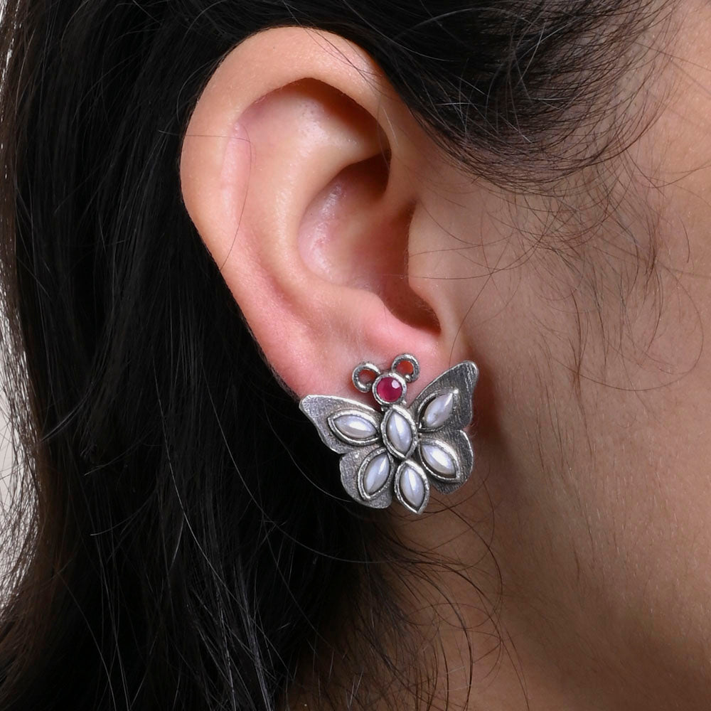 Oxidized Silver Plated Butterfly Stud Earring - Sarichka Fashion