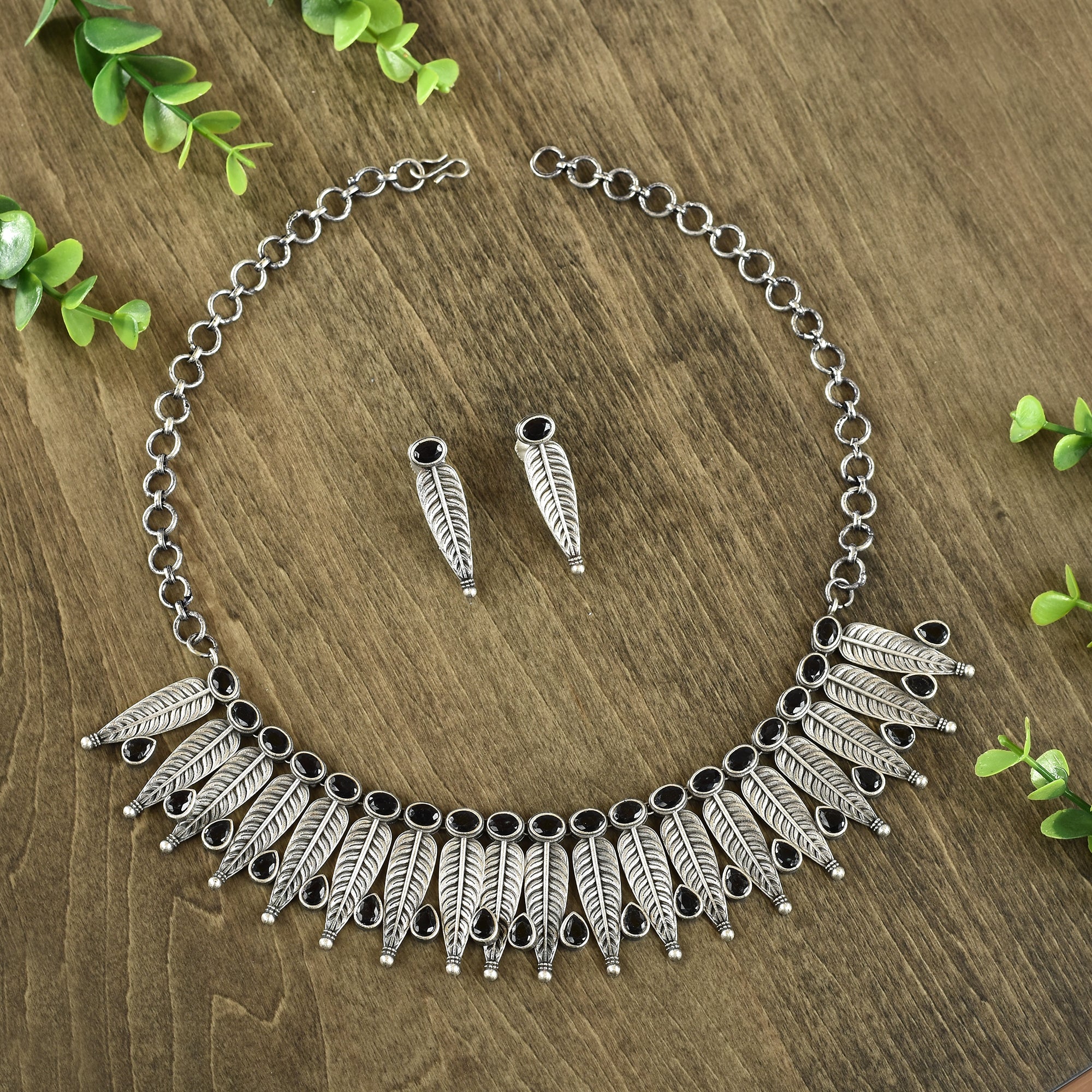 oxidized black stone necklace set
