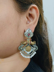 Brass Oxidized Dual Tone Pearl Earrings