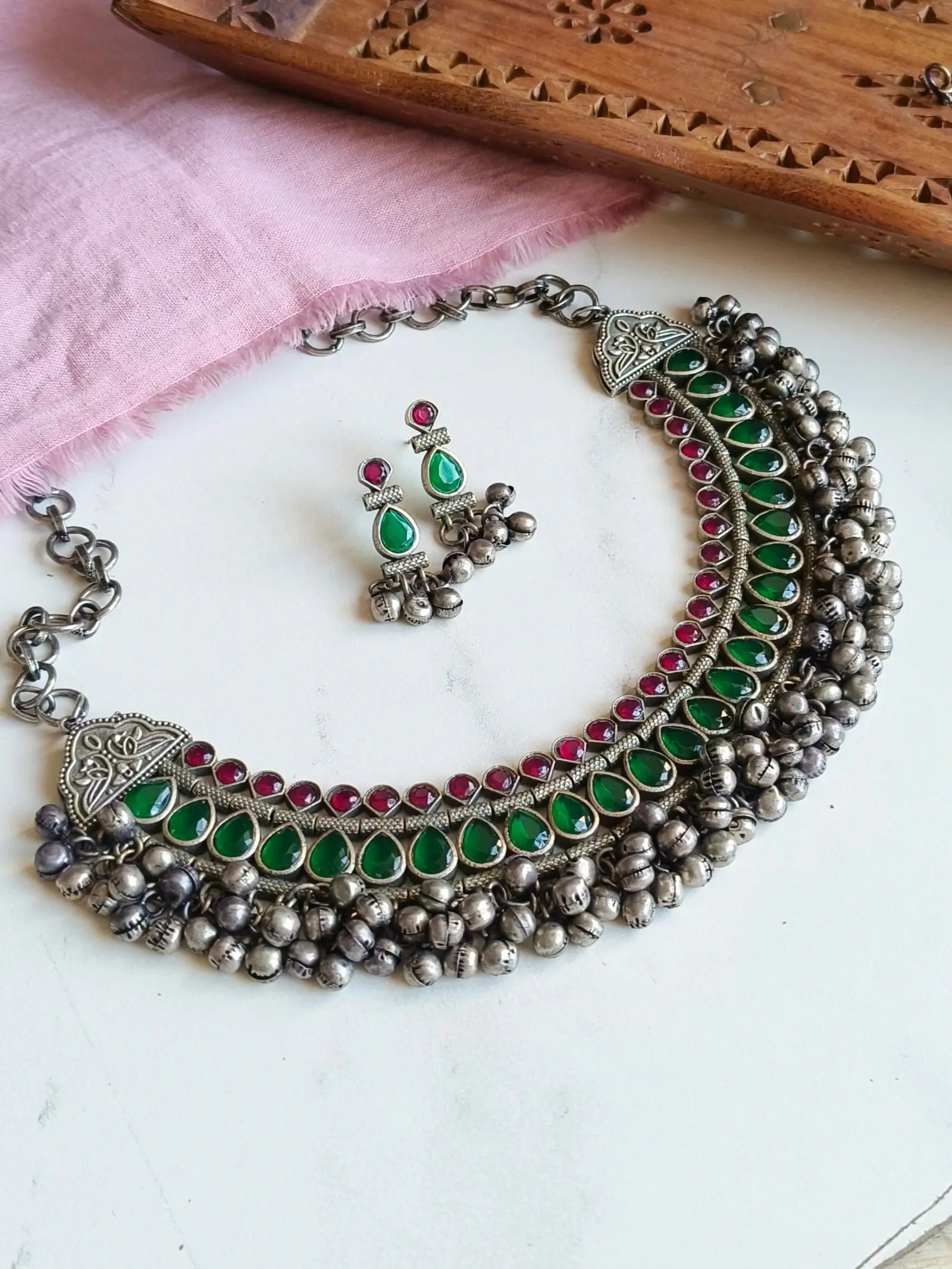 Traditional Silver Replica Oxidised Stones Necklace Set with Ghungroos | Sarichka