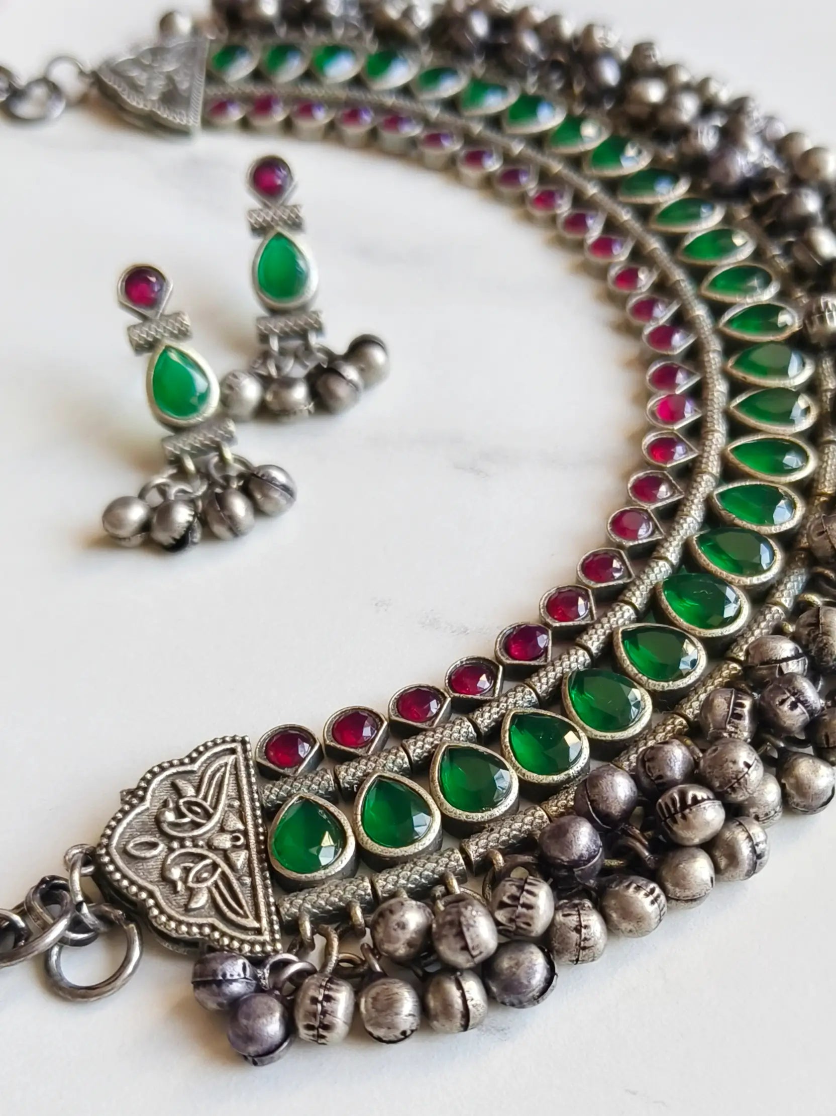 Traditional Silver Replica Oxidised Stones Necklace Set with Ghungroos | Sarichka