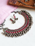 Traditional Silver Replica Oxidised Stones Necklace Set with Ghungroos | Sarichka