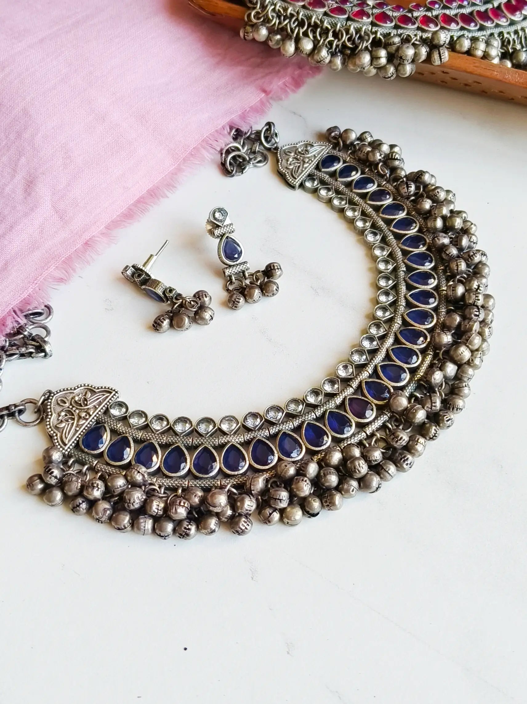 Traditional Silver Replica Oxidised Stones Necklace Set with Ghungroos | Sarichka