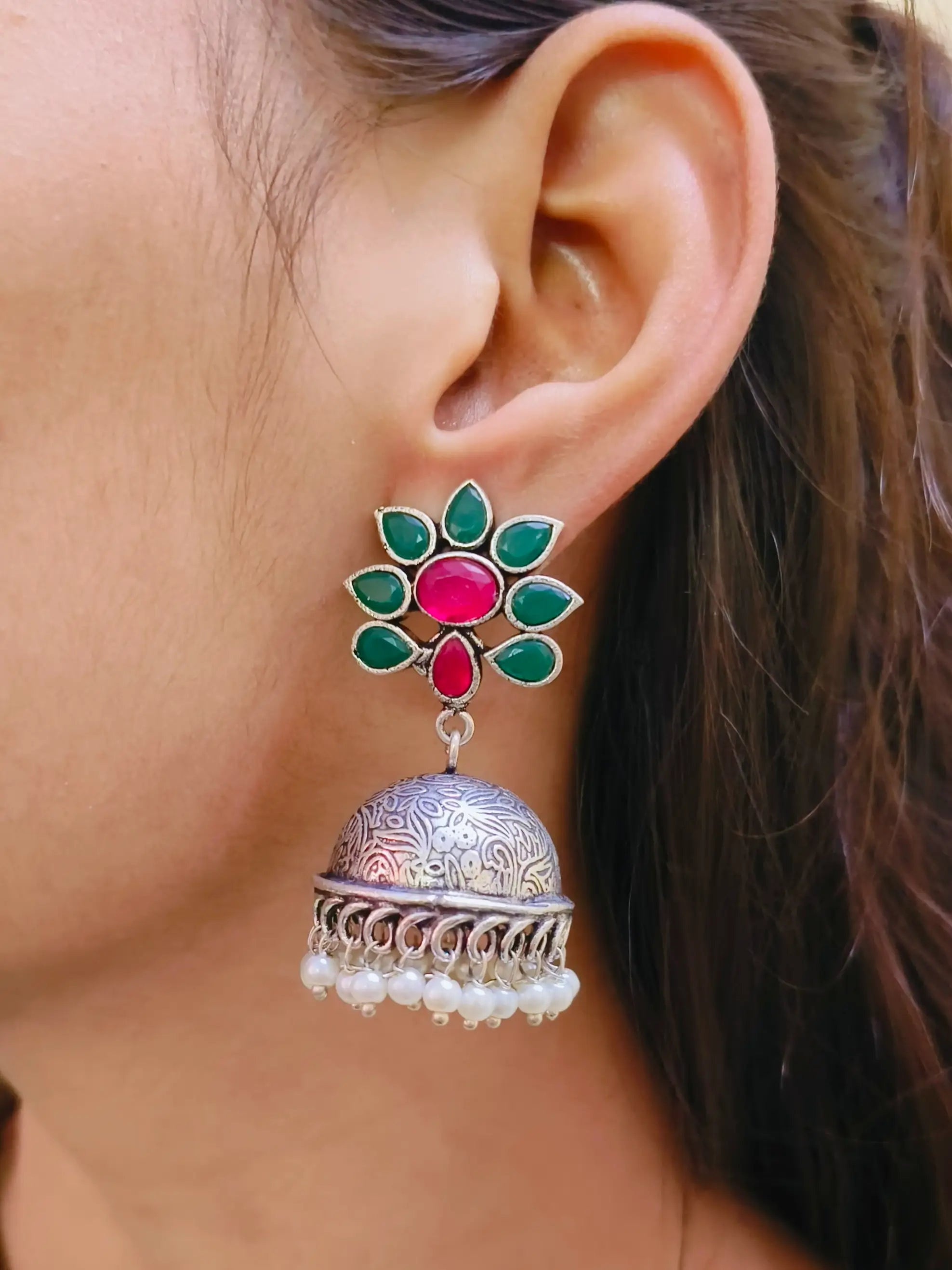 Stone Studded Oxidised Pearl Jhumka | Sarichka