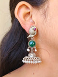 Traditional Silver Replica Peacock Jhumka Earrings with Monalisa Stone | Sarichka