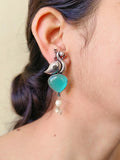 Oxidised Peacock Earrings with Monalisa Stone & Pearl Accents | Sarichka