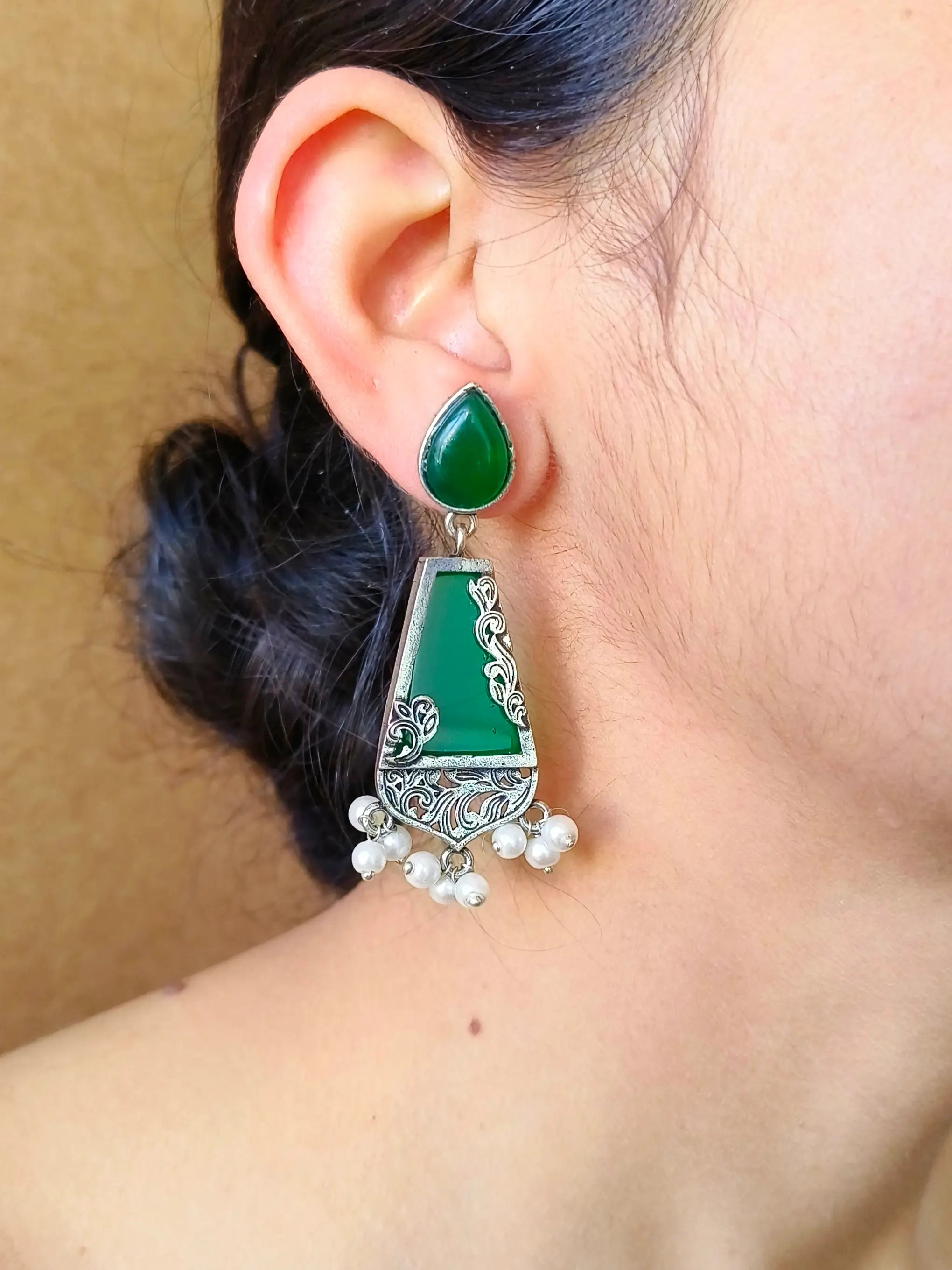 Designer Silver-Look Monalisa Dangler Earrings for Ethnic Wear | Sarichka