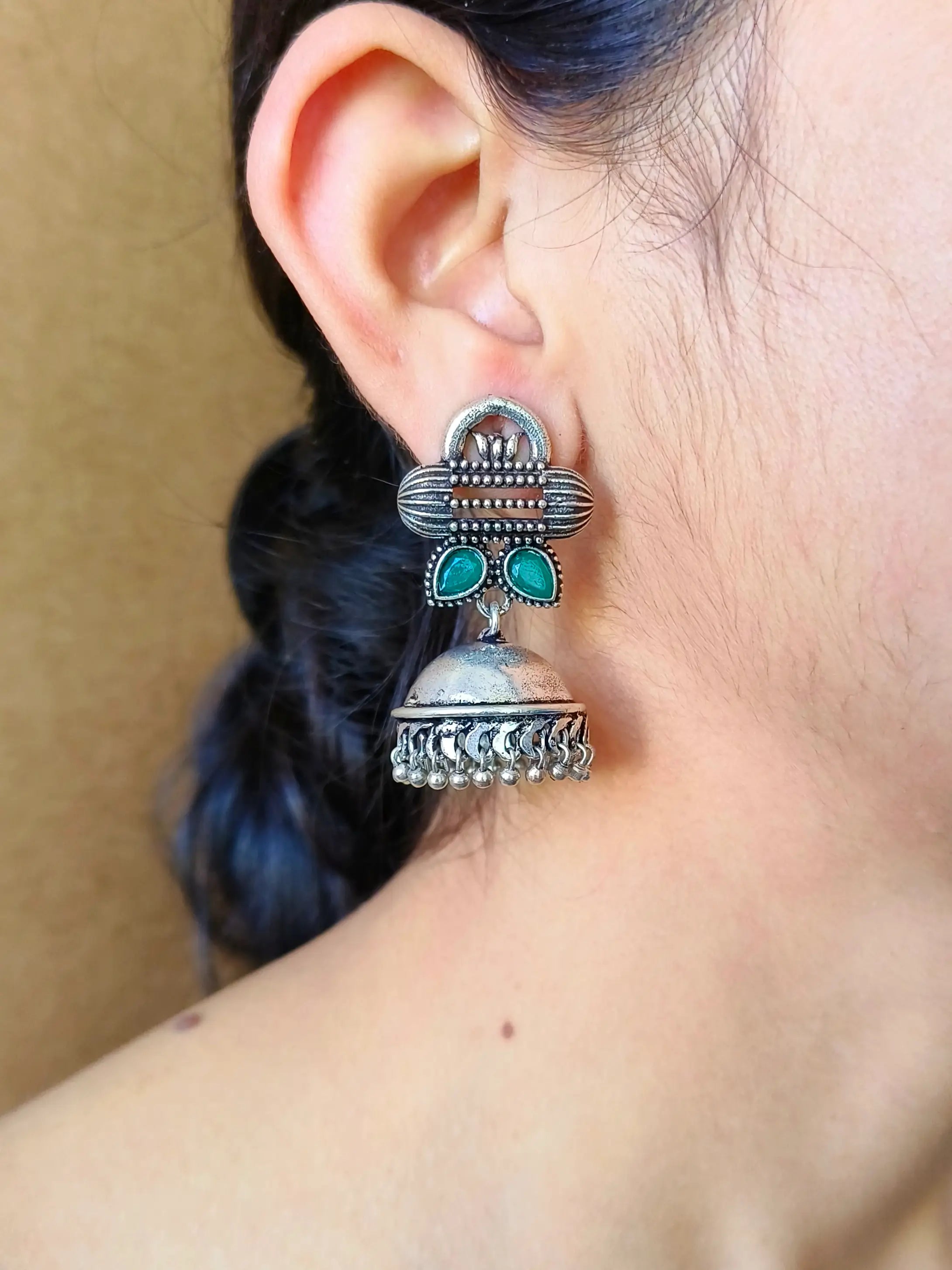 Traditional Oxidised Silver Jhumka Earrings with Intricate Details | Sarichka