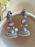 Traditional Silver Replica Peacock Jhumka Earrings with Monalisa Stone | Sarichka