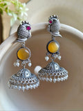 Traditional Silver Replica Peacock Jhumka Earrings with Monalisa Stone | Sarichka