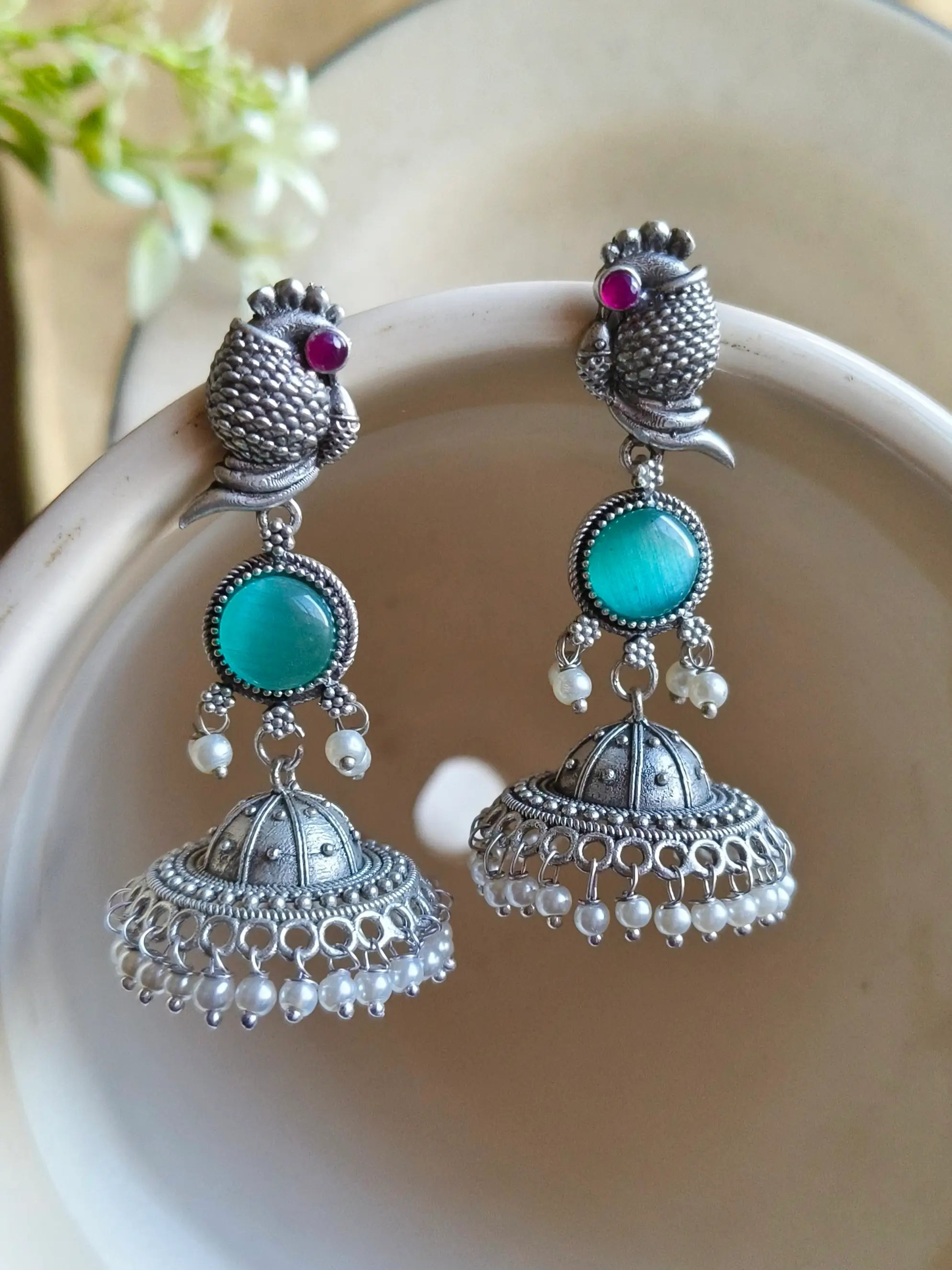 Traditional Silver Replica Peacock Jhumka Earrings with Monalisa Stone | Sarichka