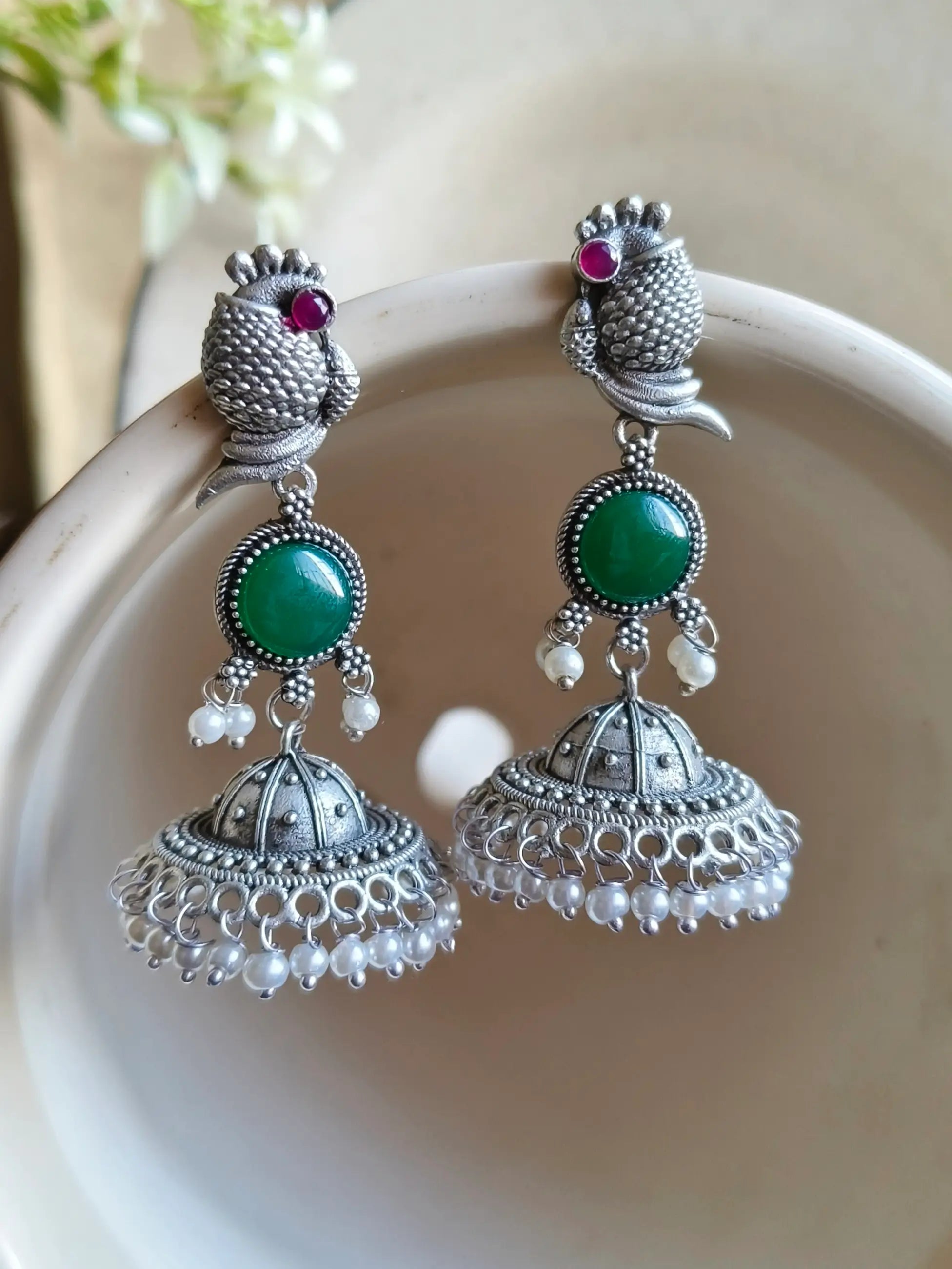 Traditional Silver Replica Peacock Jhumka Earrings with Monalisa Stone | Sarichka