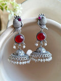 Traditional Silver Replica Peacock Jhumka Earrings with Monalisa Stone | Sarichka