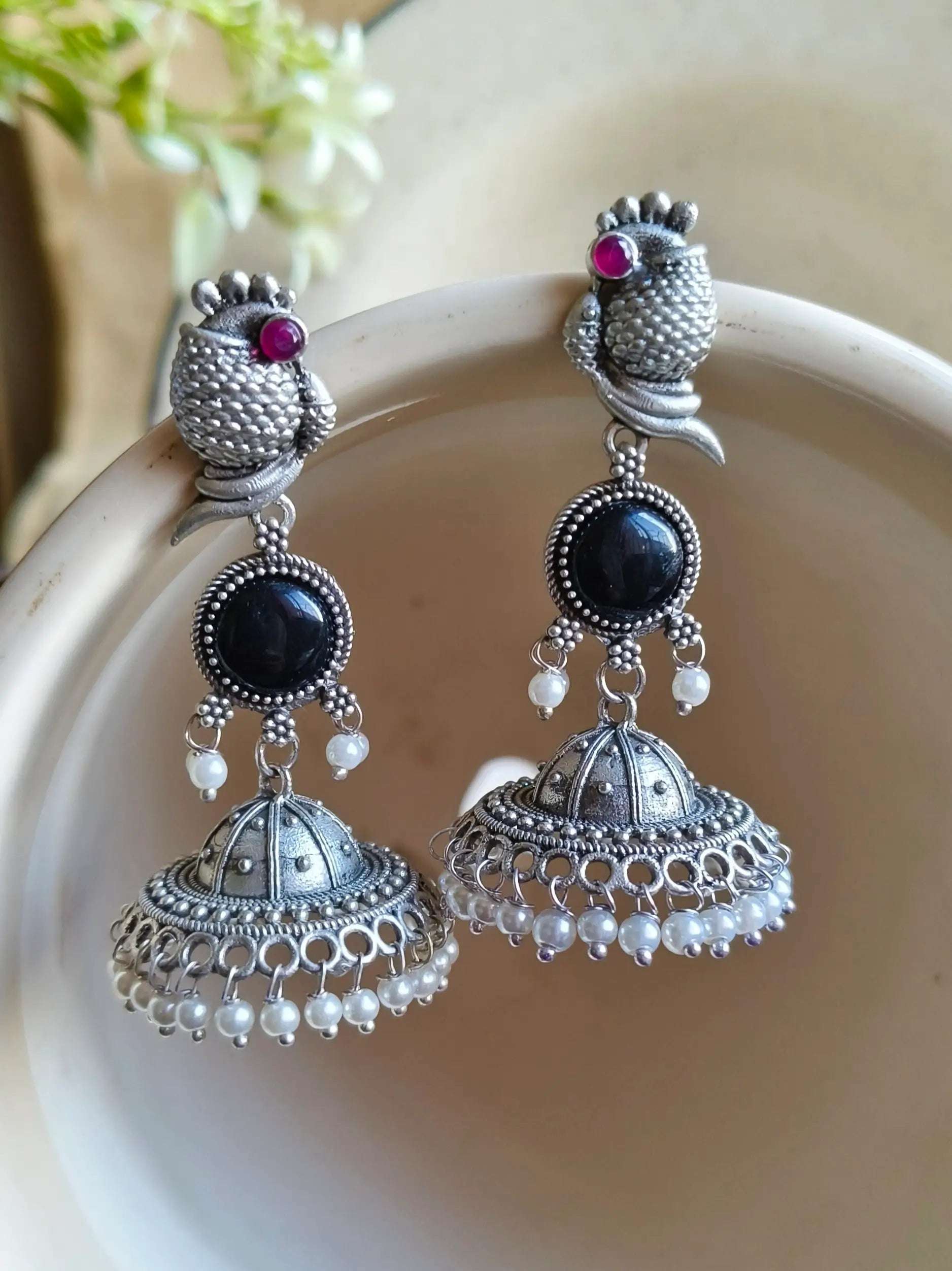 Traditional Silver Replica Peacock Jhumka Earrings with Monalisa Stone | Sarichka