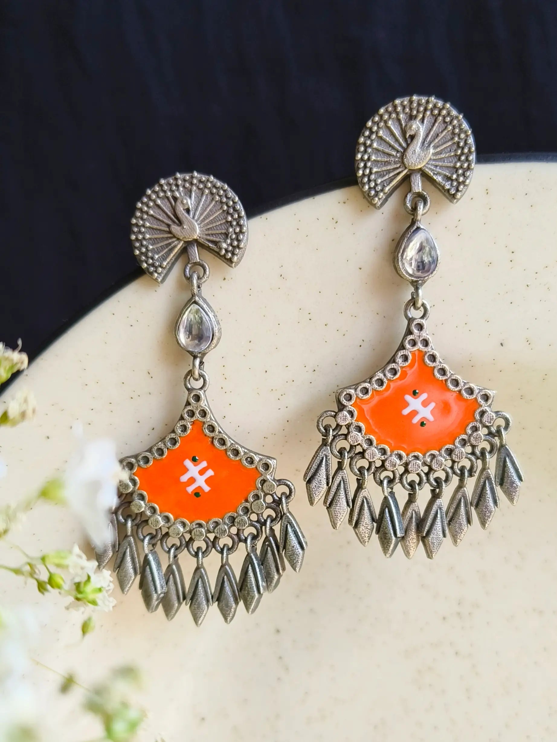 Hand-Painted Meenakari Oxidised Silver Dangler Earrings for Special Occasions | Sarichka