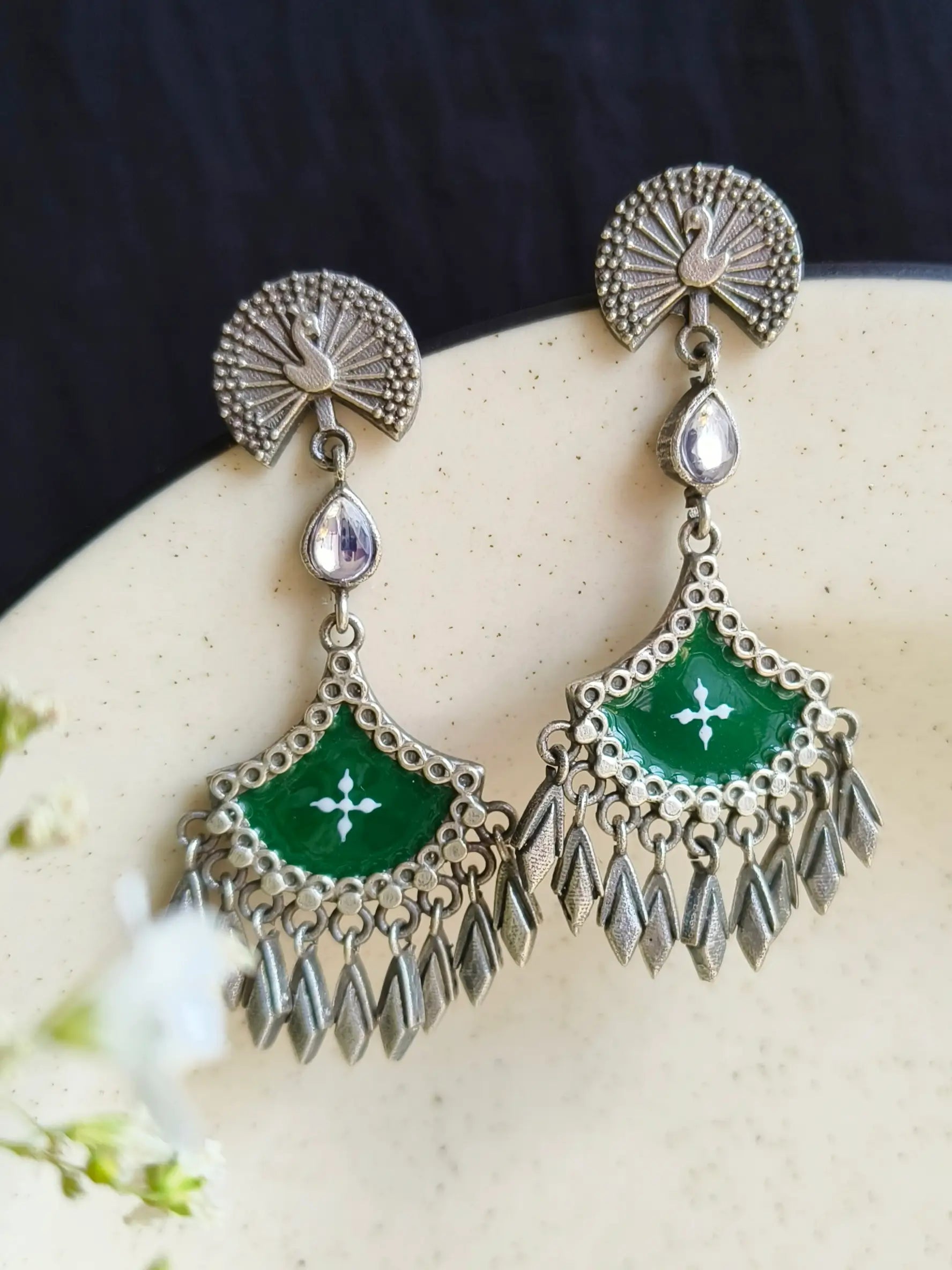 Hand-Painted Meenakari Oxidised Silver Dangler Earrings for Special Occasions | Sarichka