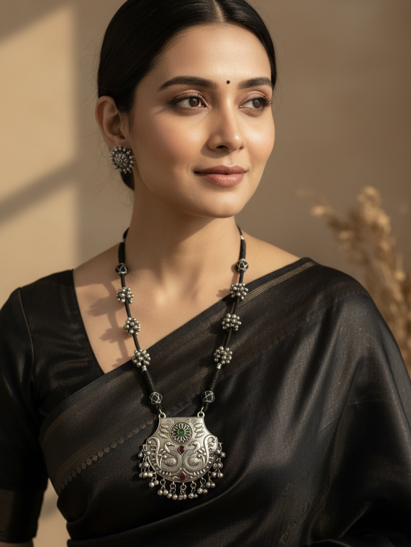 Ethnic Silver Oxidised ghungroo necklace Set | Sarichka