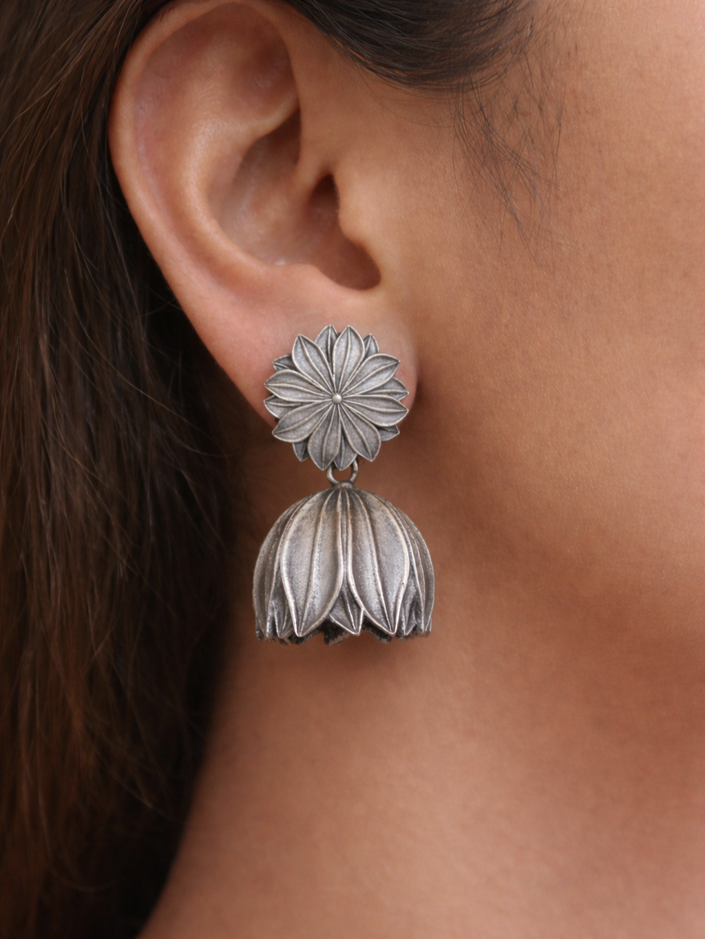 Floral  Oxidized Lotus Jhumka Earrings | Sarichka Fashion