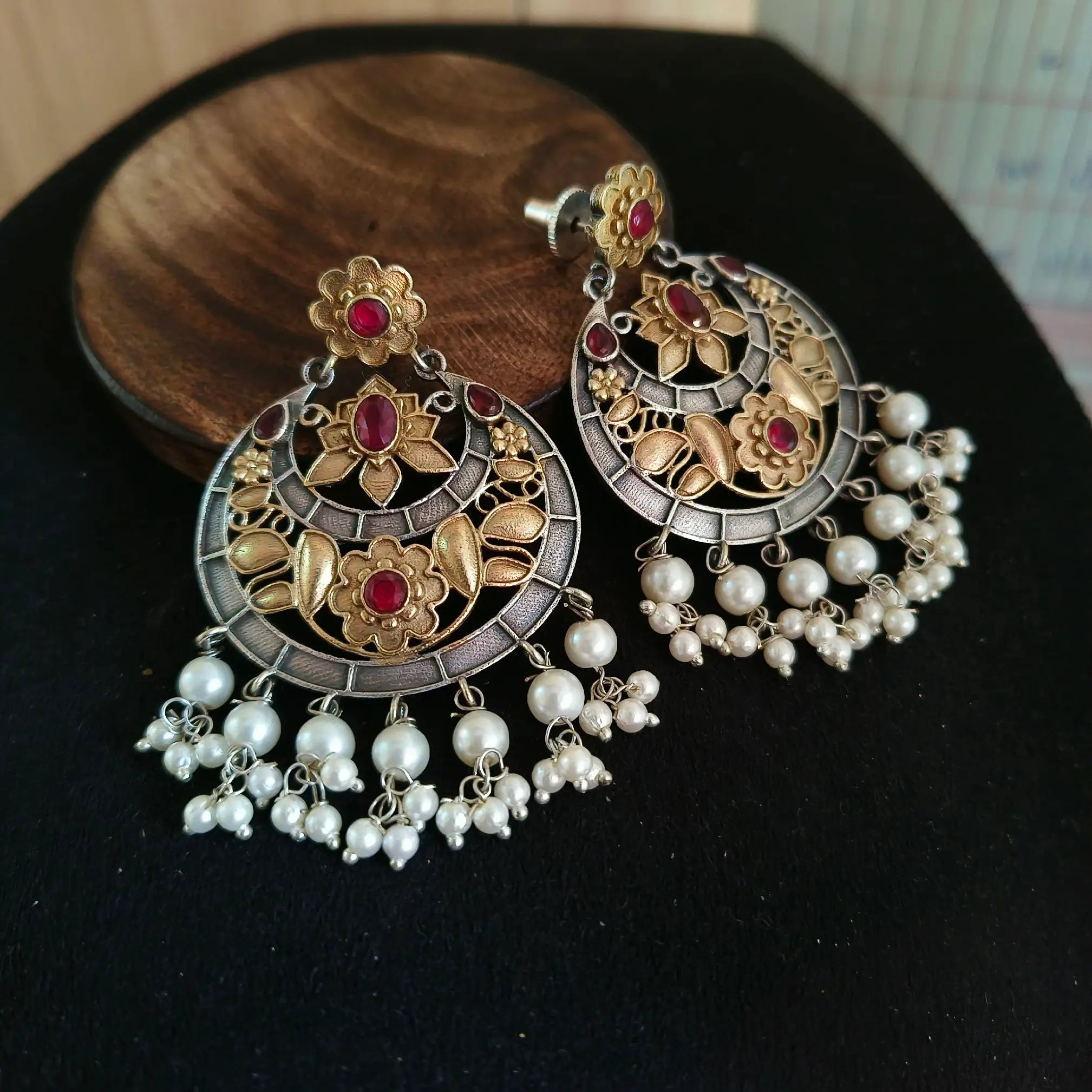 Dual Tone Oxidised Pearl Drop Chandbalis | Sarichka