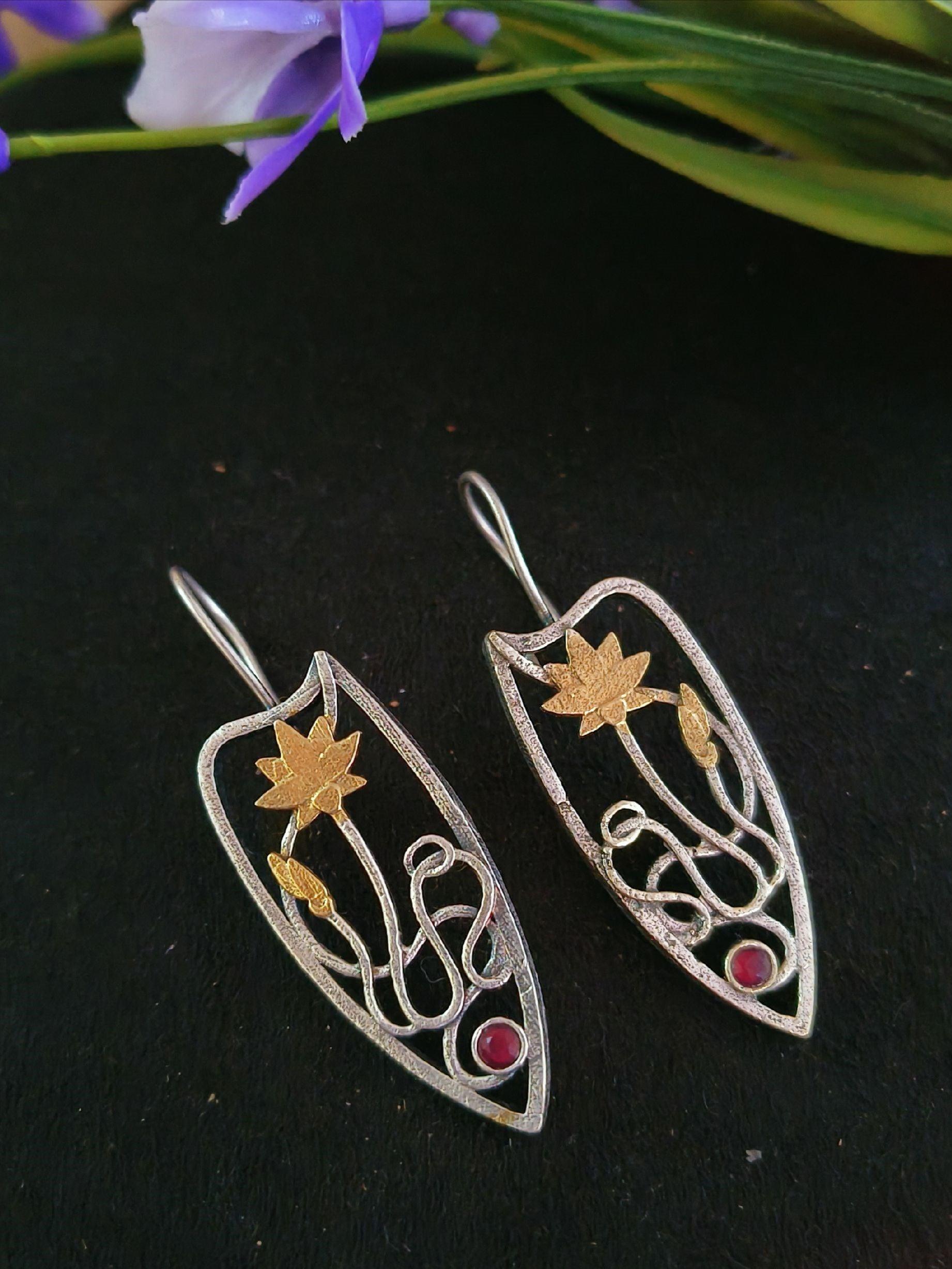 Dual-Tone Oxidized Floral Hook Earrings with Graceful Design | Sarichka