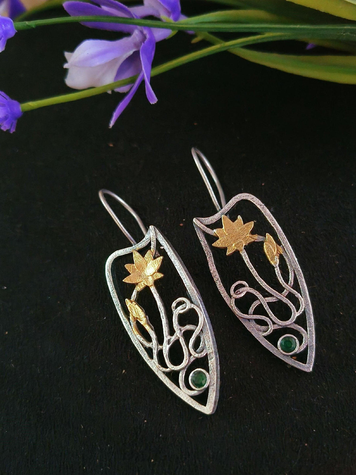 Dual-Tone Oxidized Floral Hook Earrings with Graceful Design | Sarichka