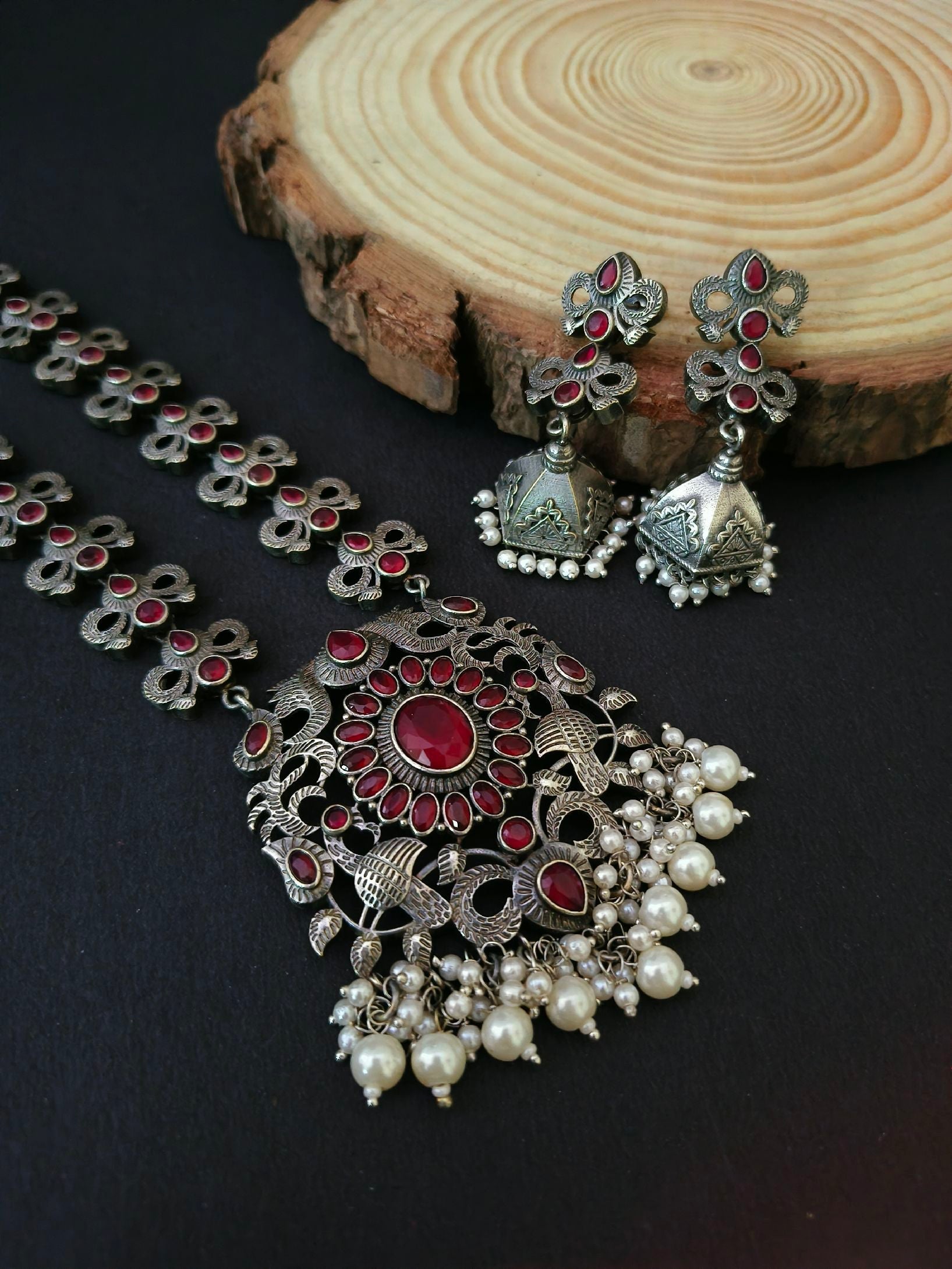 Traditional Silver Replica Pearl Drop Necklace Set | Sarichka Fashion
