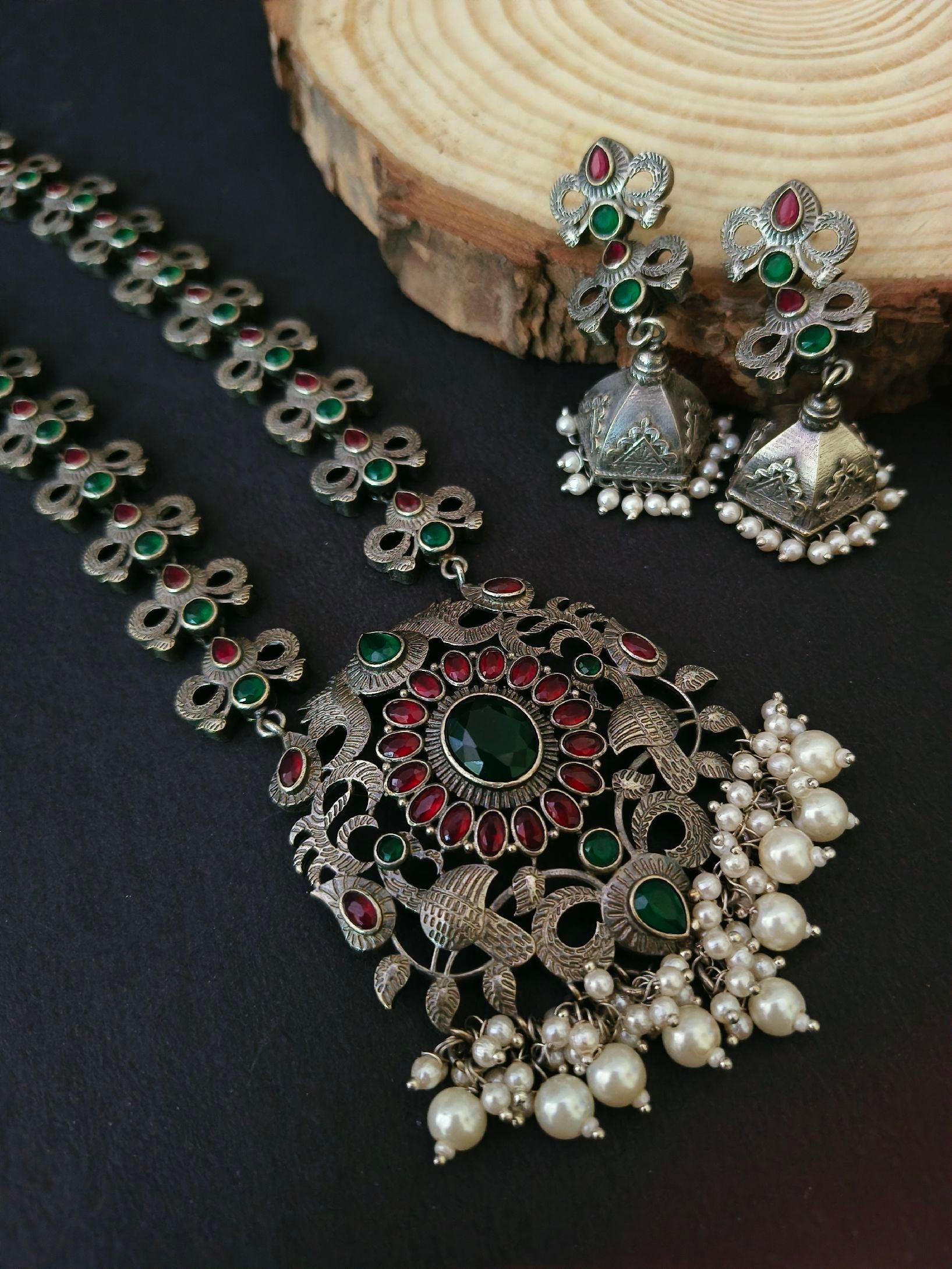 Traditional Silver Replica Pearl Drop Necklace Set | Sarichka Fashion