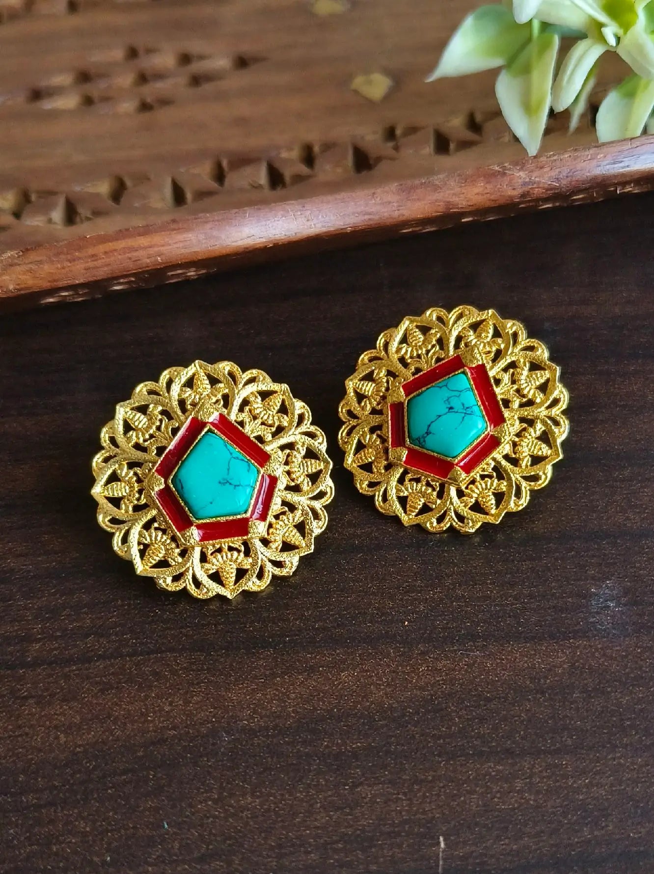 Enamel Hand-Painted Monalisa Golden Stud Earrings | Sarichka