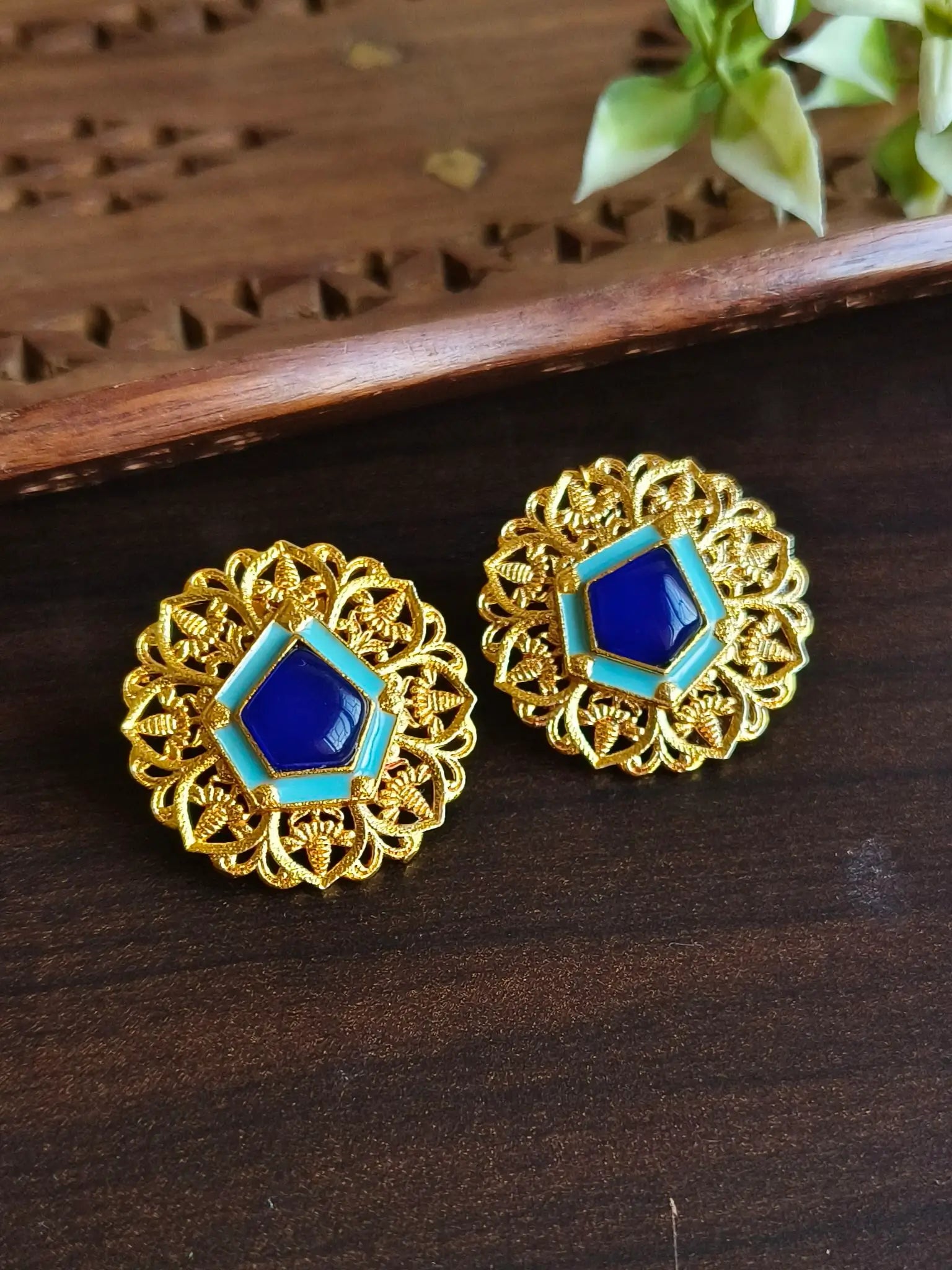 Enamel Hand-Painted Monalisa Golden Stud Earrings | Sarichka