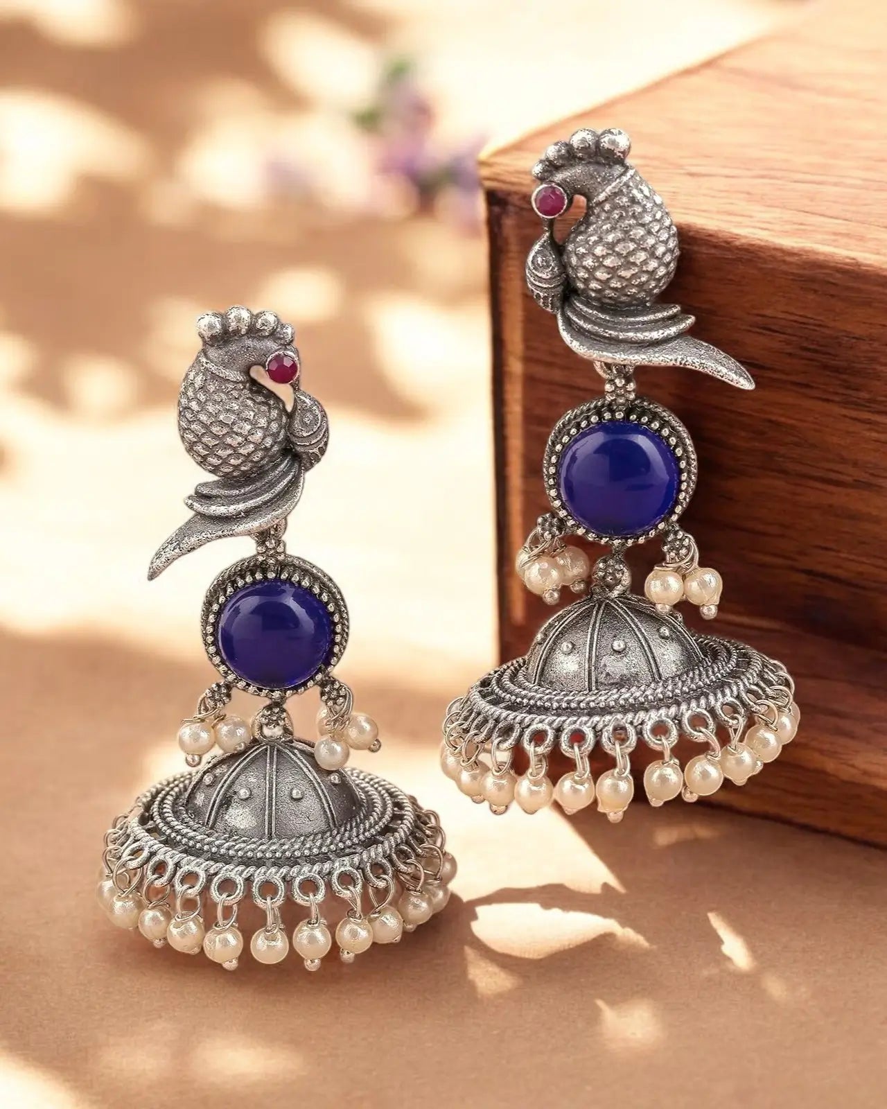 Traditional Silver Replica Peacock Jhumka Earrings with Monalisa Stone | Sarichka