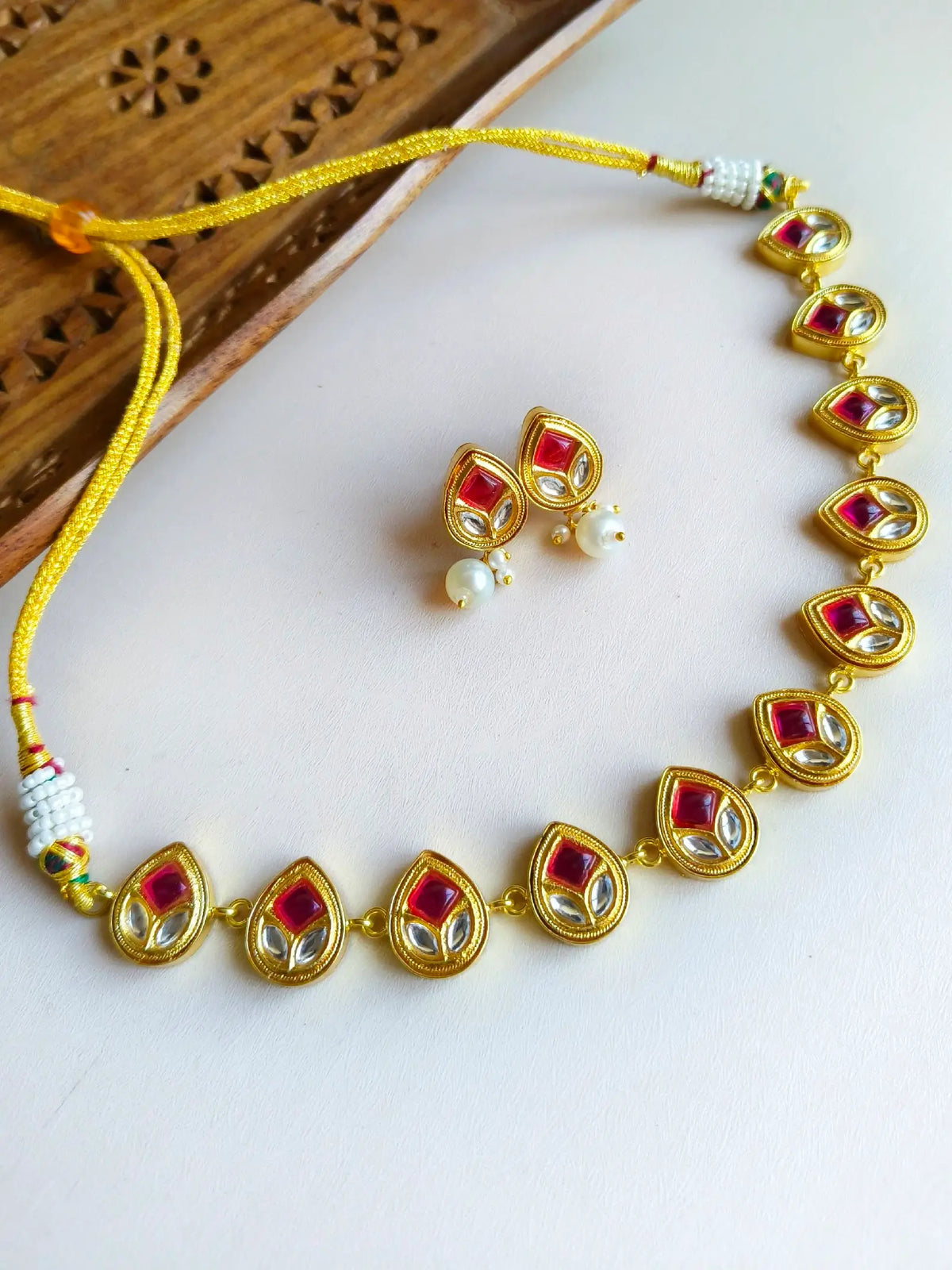 Golden Kundan Polki Necklace Set for Party Glam | Sarichka