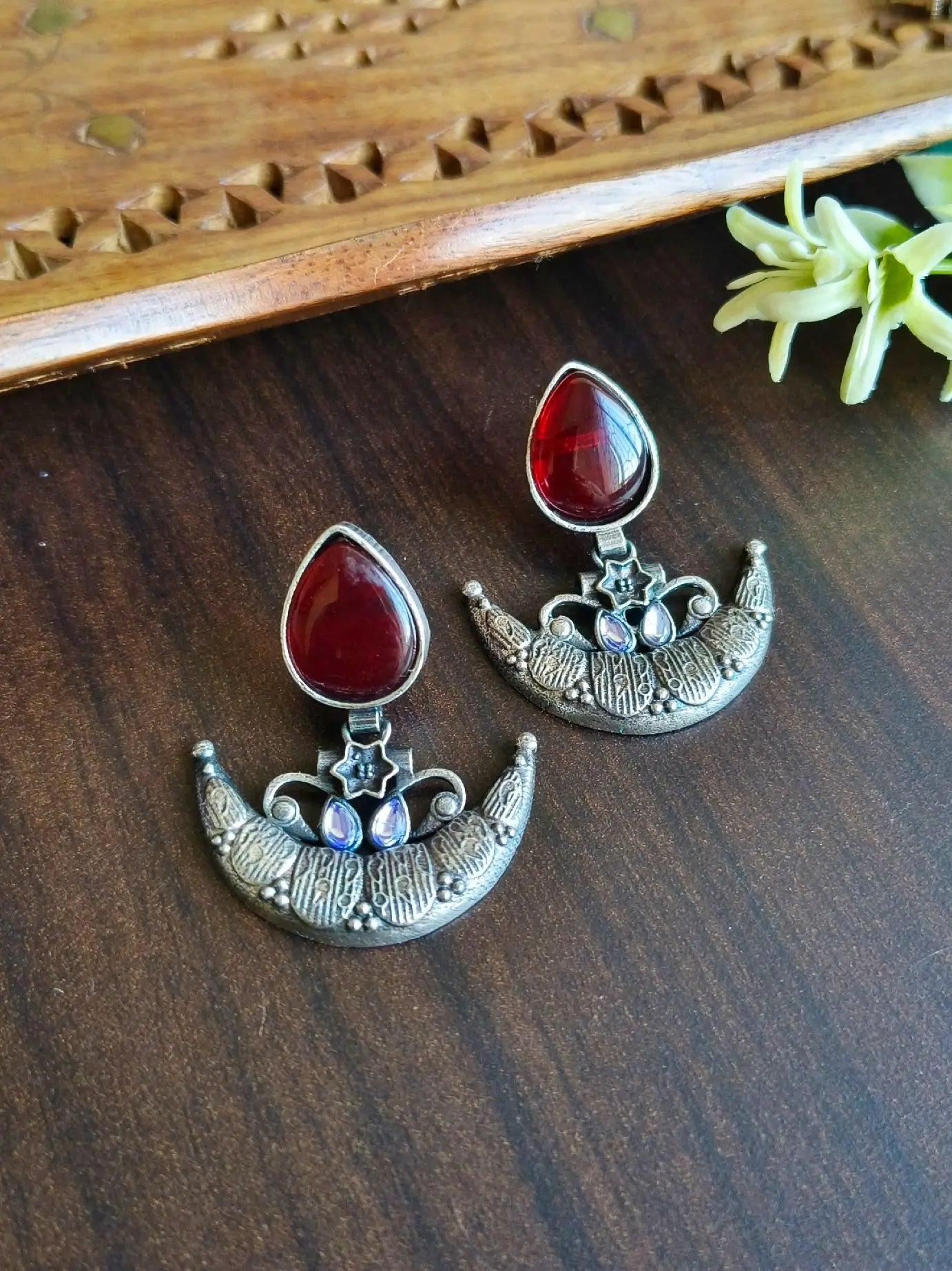 Antique Silver Look-Alike Half-Moon Dangler Earrings with Monalisa Stone | Sarichka