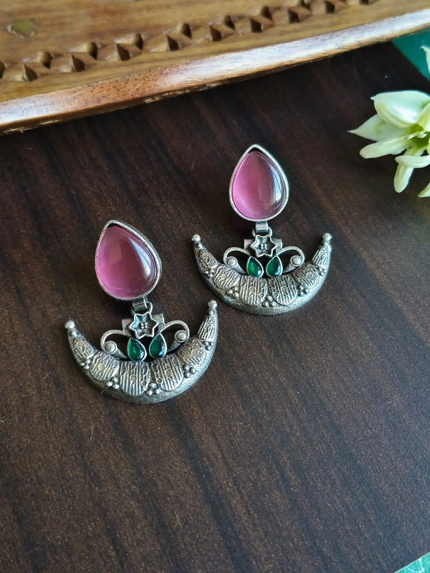 Antique Silver Look-Alike Half-Moon Dangler Earrings with Monalisa Stone | Sarichka