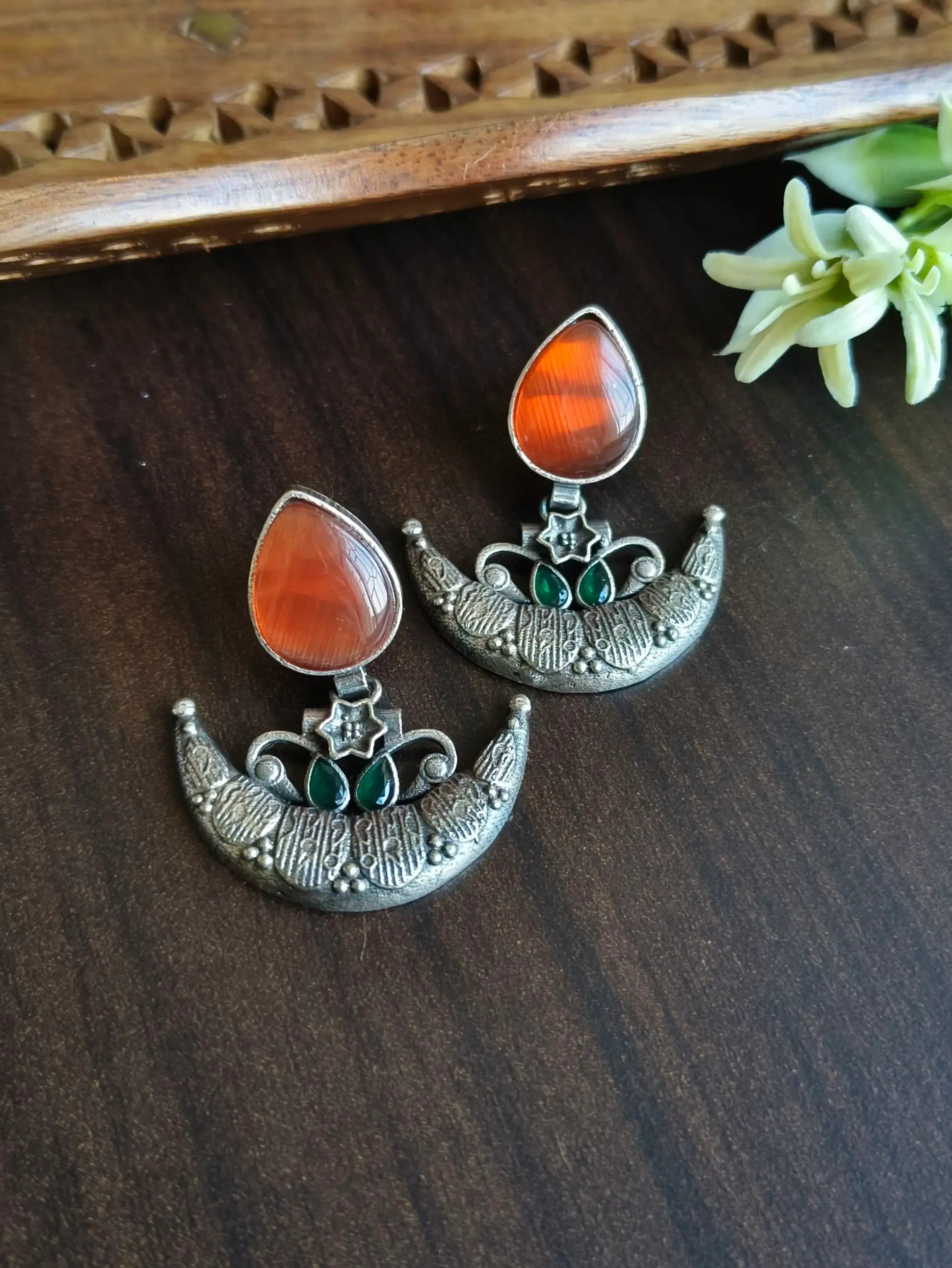 Antique Silver Look-Alike Half-Moon Dangler Earrings with Monalisa Stone | Sarichka