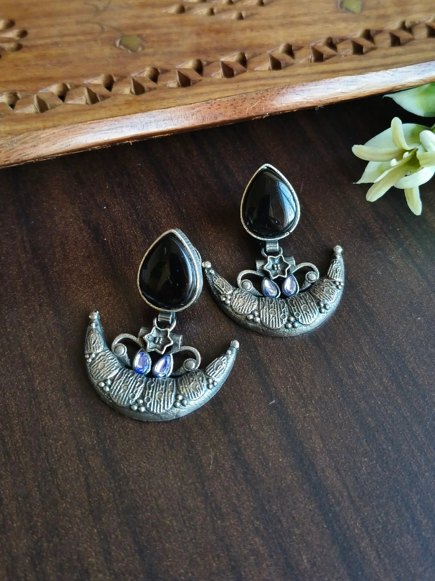 Antique Silver Look-Alike Half-Moon Dangler Earrings with Monalisa Stone | Sarichka